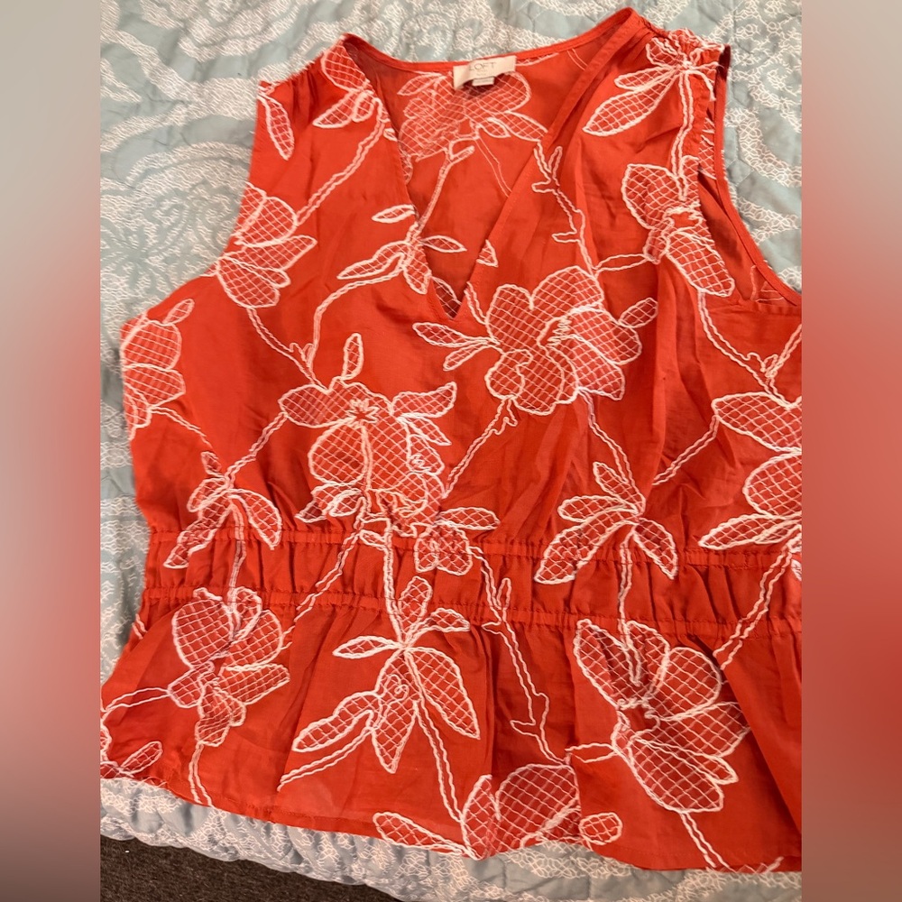 LOFT Red Sleeveless V-Neck Embroidered Floral Top